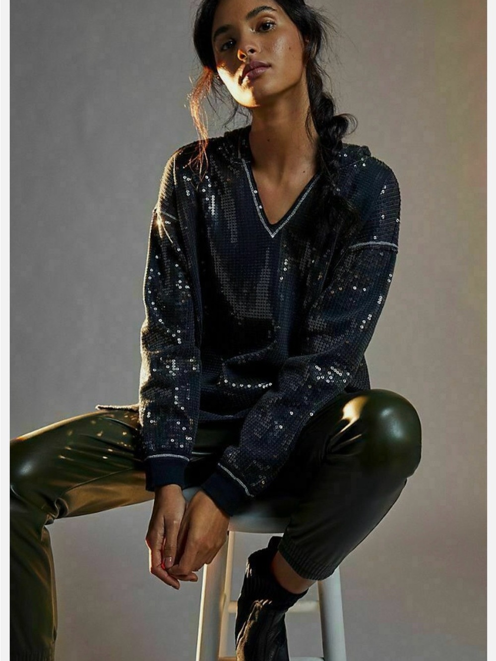 Anthropologie Black Sequin V-Neck Top